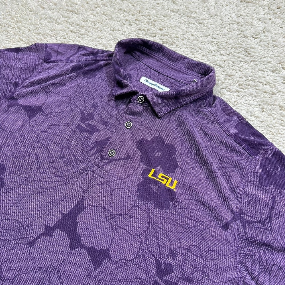 Tommy Bahama Polo Shirt XL Purple LSU Tigers Floral Tropical Short Sleeve